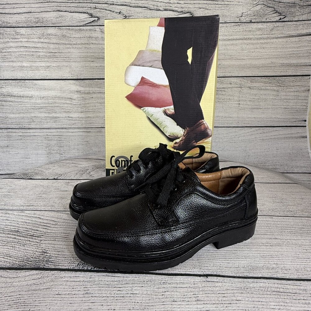 NWT Comfort & Flex Man's Black Leather Oxfords Derby Style Size 8